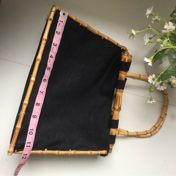 Beautiful Women’s Black Canvas/Linen Bamboo Handles Hand Bag Medium Size - Picture 6 of 8